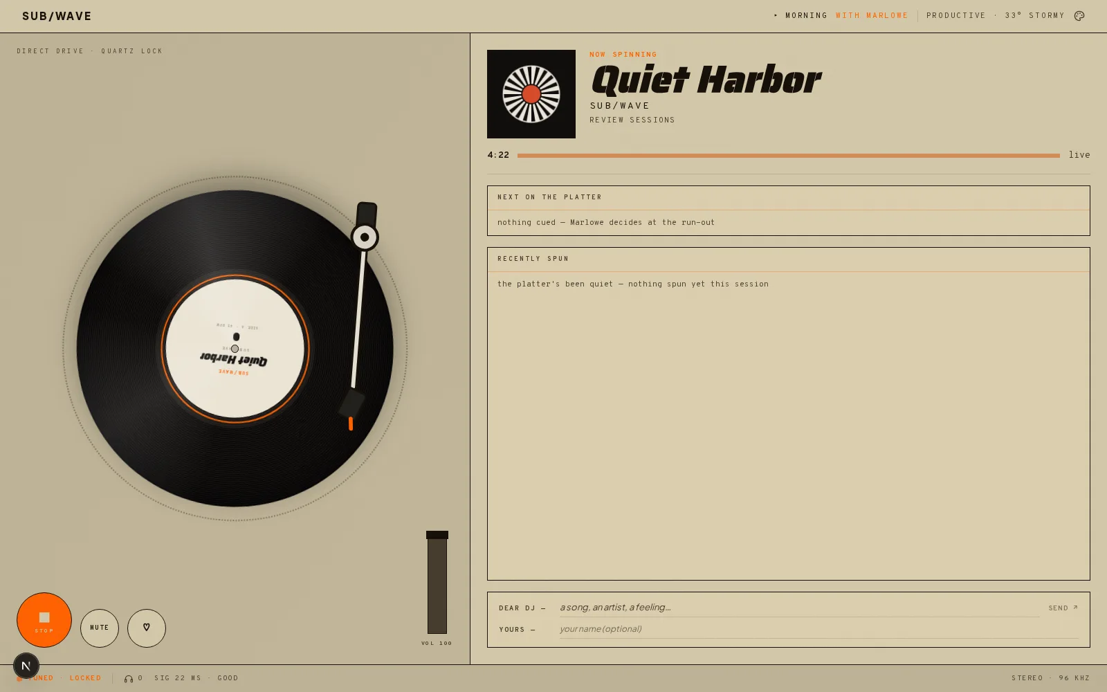SUB/WAVE player — Platter skin in the Recon theme
